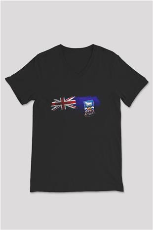 Falkland İslands Bayrağı Baskılı Unisex Siyah V Yaka Tişört