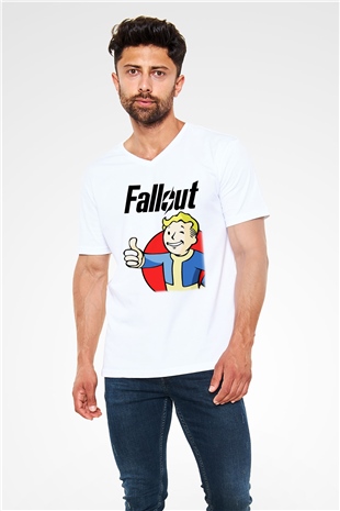 Fallout Beyaz Unisex V Yaka Tişört T-Shirt