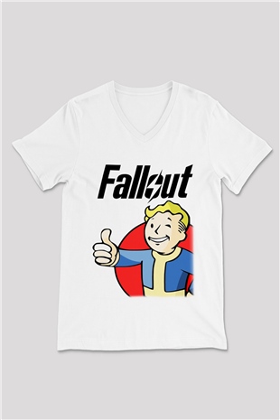 Fallout Beyaz Unisex V Yaka Tişört T-Shirt