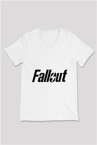 Fallout Beyaz Unisex V Yaka Tişört T-Shirt