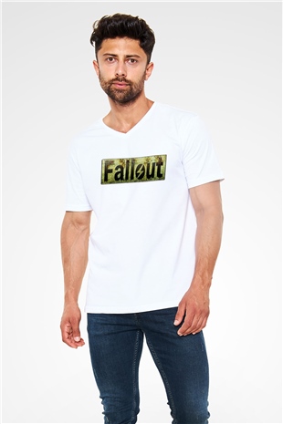 Fallout Beyaz Unisex V Yaka Tişört T-Shirt