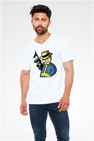 Fallout Beyaz Unisex V Yaka Tişört T-Shirt