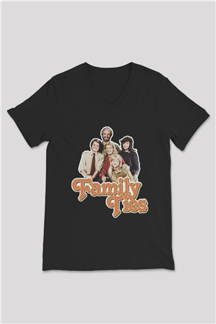 Family Ties Siyah Unisex  V Yaka Tişört