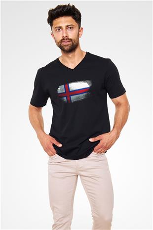 Faroe Adaları - Faroe İslands Bayrağı Baskılı Unisex Siyah V Yaka Tişört