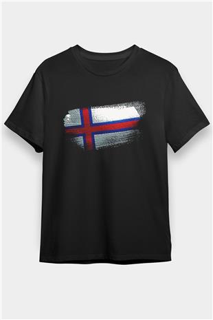 Faroe Adaları - Faroe İslands Bayrağı Baskılı Unisex Siyah Tişört