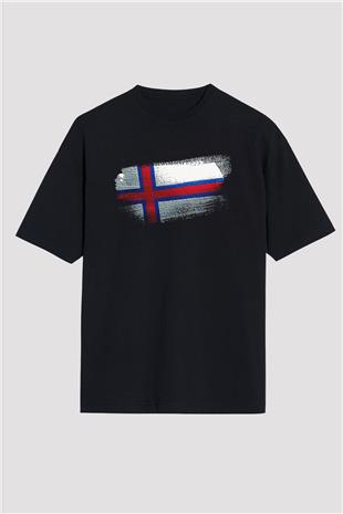 Faroe Adaları - Faroe İslands Bayrağı Baskılı Unisex Siyah Oversize Tişört