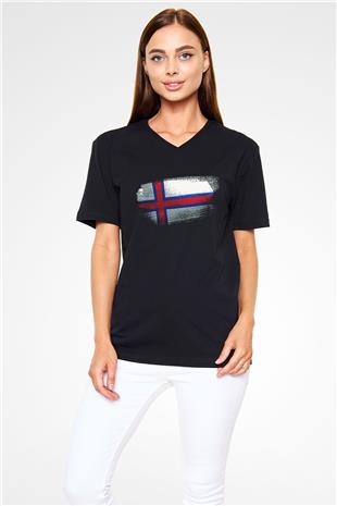 Faroe Adaları - Faroe İslands Bayrağı Baskılı Unisex Siyah V Yaka Tişört