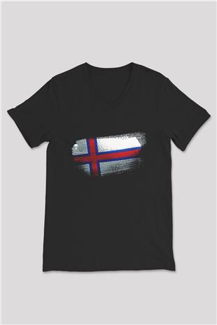 Faroe Adaları - Faroe İslands Bayrağı Baskılı Unisex Siyah V Yaka Tişört
