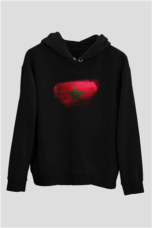 Fas - Morocco Bayrağı Baskılı Unisex Siyah Hoodie