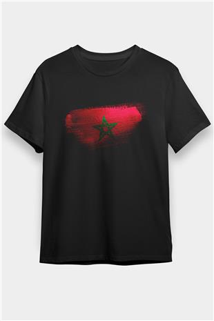 Fas - Morocco Bayrağı Baskılı Unisex Siyah Tişört