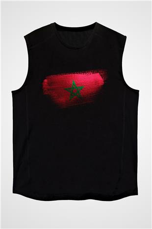 Fas - Morocco Bayrağı Baskılı Unisex Siyah Kolsuz Tişört
