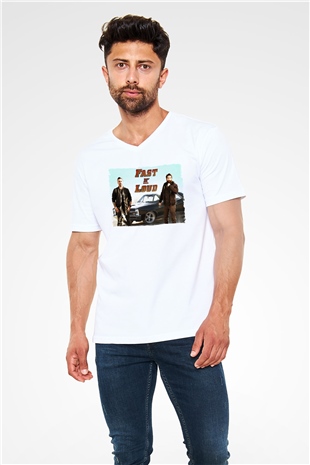 Fast N Loud Beyaz Unisex V Yaka Tişört