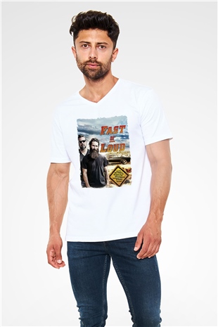 Fast N Loud Beyaz Unisex V Yaka Tişört