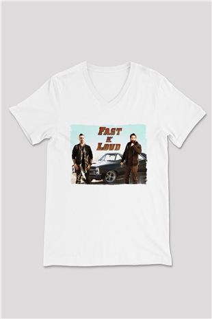 Fast N Loud Beyaz Unisex V Yaka Tişört