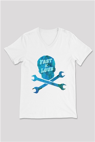 Fast N Loud Beyaz Unisex V Yaka Tişört T-Shirt