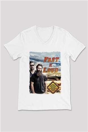 Fast N Loud Beyaz Unisex V Yaka Tişört