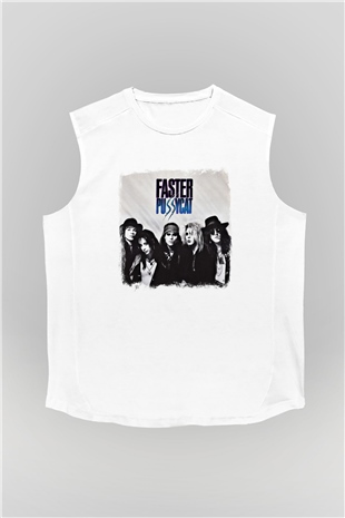 Faster Pussycat Baskılı Unisex Beyaz Kolsuz Tişört