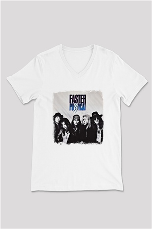 Faster Pussycat Baskılı Unisex Beyaz V Yaka Tişört