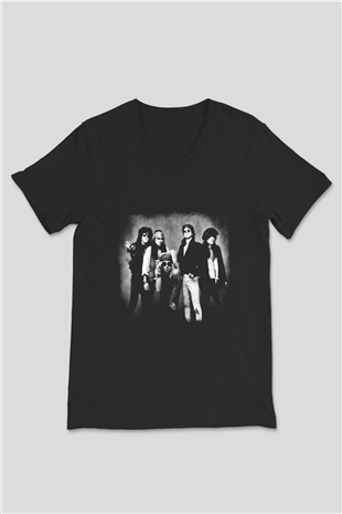 Faster Pussycat Baskılı Unisex Siyah V Yaka Tişört