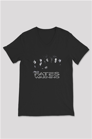 Fates Warning Baskılı Unisex Siyah V Yaka Tişört - Tshirt
