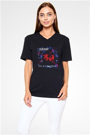 Fear Factory Baskılı Unisex Siyah V Yaka Tişört