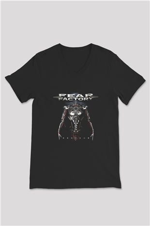 Fear Factory Baskılı Unisex Siyah V Yaka Tişört