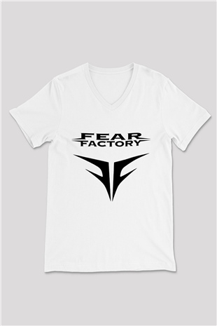Fear Factory Beyaz Unisex V Yaka Tişört T-Shirt