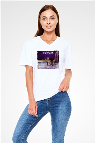 Fergie Beyaz Unisex V Yaka Tişört