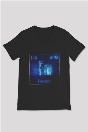Fermiyum Atom Numarası Baskılı Unisex Siyah V Yaka Tişört