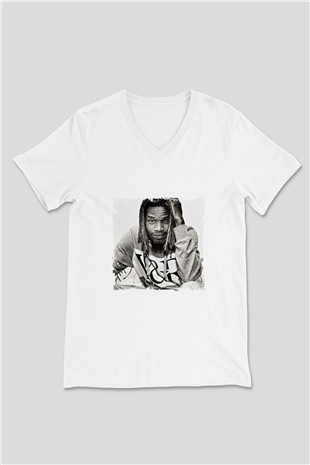Fetty Wap Baskılı Beyaz V Yaka Unisex Tişört