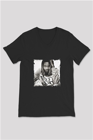 Fetty Wap Baskılı Unisex Siyah V Yaka Tişört