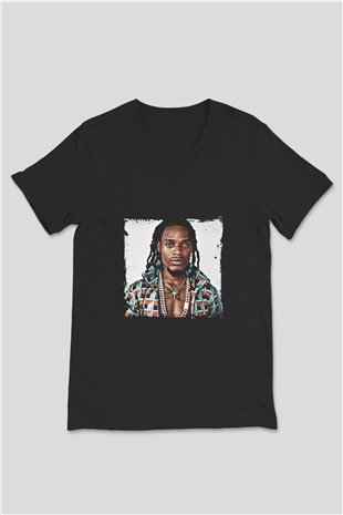 Fetty Wap Baskılı Unisex Siyah V Yaka Tişört
