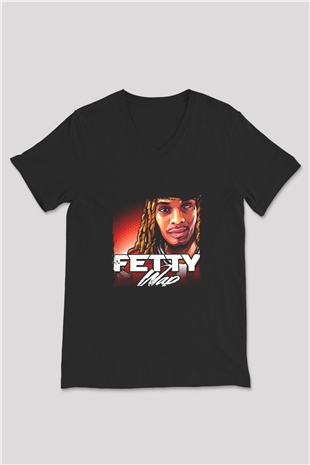 Fetty Wap Baskılı Unisex Siyah V Yaka Tişört