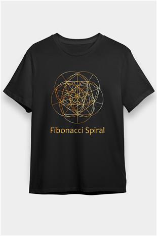 Fibonacci Spirali Baskılı Unisex Siyah Tişört - Tshirt