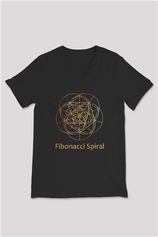 Fibonacci Spirali Baskılı Unisex V Yaka Siyah Tİşört - Tshirt