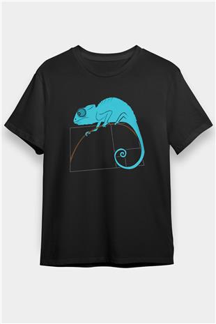 Fibonacci Spirali Bukalemun Baskılı Unisex Siyah Tişört - Tshirt