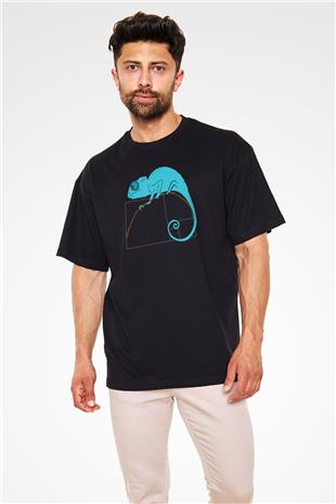 Fibonacci Spirali Bukalemun Baskılı Unisex Oversize Tişört - Tshirt