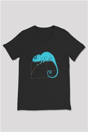 Fibonacci Spirali Bukalemun Baskılı Unisex V Yaka Siyah Tİşört - Tshirt