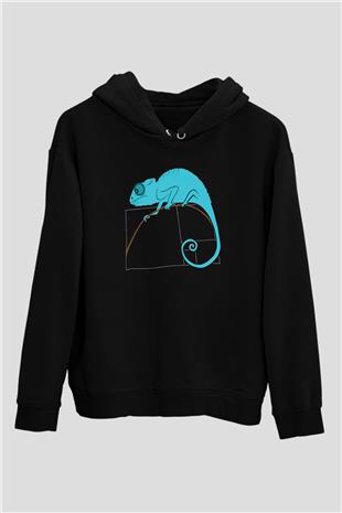 Fibonacci Spirali Bukalemun Baskılı Unisex Siyah Hoodie