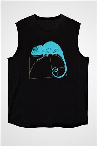 Fibonacci Spirali Bukalemun Baskılı Unisex Kolsuz Siyah Tişört - Tshirt