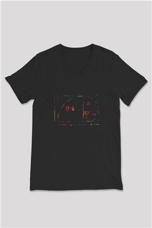 Fibonacci Spirali Renkli Baskılı Unisex V Yaka Siyah Tİşört - Tshirt