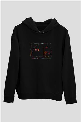 Fibonacci Spirali Renkli Baskılı Unisex Siyah Hoodie