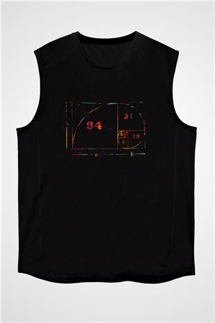 Fibonacci Spirali Renkli Baskılı Unisex Kolsuz Siyah Tişört - Tshirt