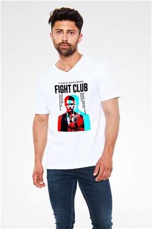 Fight Club Dövüş Klubü Beyaz Unisex  V Yaka Tişört