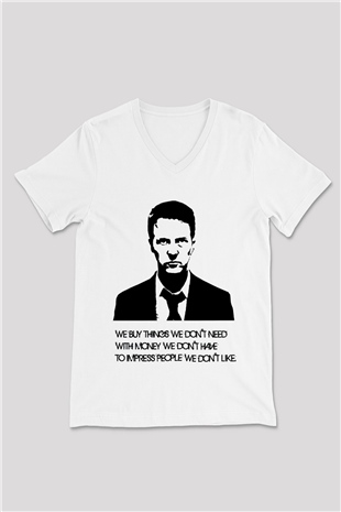 Fight Club Dövüş Klubü Beyaz Unisex V Yaka Tişört