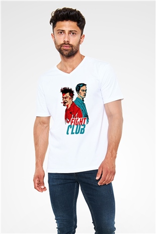 Fight Club Dövüş Klubü Beyaz Unisex V Yaka Tişört