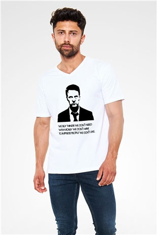 Fight Club Dövüş Klubü Beyaz Unisex V Yaka Tişört