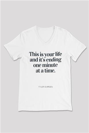 Fight Club (Tyler Durden) Baskılı Beyaz Unisex V Yaka Tişört - Tshirt
