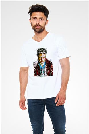 Fight Club (Tyler Durden) Baskılı Beyaz Unisex V Yaka Tişört - Tshirt