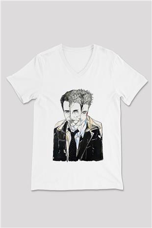 Fight Club (Tyler Durden) Baskılı Beyaz Unisex V Yaka Tişört - Tshirt